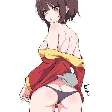 megumin, hatenamaru, :o, ahoge, anger vein, ass, bandaged leg, bandages, bare shoulders, black choker, black panties, black thighhighs, blush, breasts, brown hair