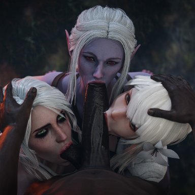 baldur's gate, nier, nier replicant, the witcher (series), the witcher 3: wild hunt, ciri, kaine (nier), minthara, currysfm, :&gt;=, 3girls, big penis, blowjob, dark skin, dark-skinned male