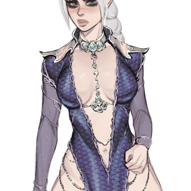 baldur's gate, baldur's gate 3, shadowheart, ykshelter, boob window, braid, cleavage, cleavage cutout, dress, green eyes, medium breasts, no bra, perky breasts, sideboob, skimpy