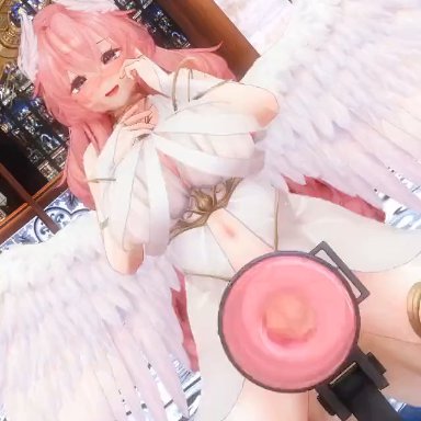 marumega, angel, angel wings, artificial vagina, blush, futa only, futanari, long hair, penetrable sex toy, pink hair, sex toy, smile, 3d, animated, censored