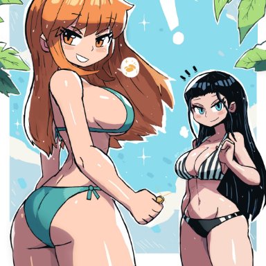 one piece, nami, nico robin, tony welt, !, 2girls, bikini, bikini bottom, bikini top, black bikini, black bikini bottom, black bikini top, black hair, blue bikini, blue bikini bottom