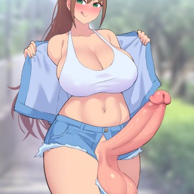 original, kamiya midori, original character, zheng, 1futa, ahoge, balls, breasts, brown hair, clothed, clothing, erection, futa only, futanari, green eyes