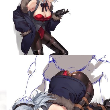 original, momihige, 1boy, 1girls, ahe gao, before and after, belt buckle, black gloves, black hair, bondage, boots, breasts, cigarette, cleavage, cleavage cutout