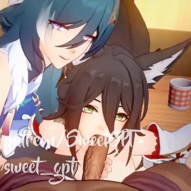 blacked, honkai (series), honkai: star rail, tingyun (honkai: star rail), yukong (honkai: star rail), 1boy, 2girls, animal ears, animal humanoid, animal pussy, blowjob, cum, cum in mouth, cum in pussy, cum inside