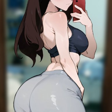 fate (series), tohsaka rin, kisou, big ass, big butt, brown hair, female only, huge ass, long hair, mirror, mirror selfie, selfie pose, selfie stick, solo female, taking photo