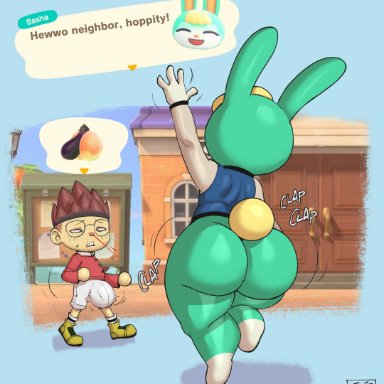 animal crossing, sasha (animal crossing), villager (animal crossing), joaoppereiraus, 2boys, anthro, ass, ass clapping, big ass, biting lip, bottomless, bubble butt, bulge, clapping cheeks, clothing