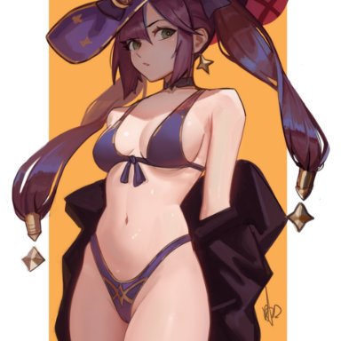 genshin impact, mona (genshin impact), ninra, 1girls, bare legs, bare midriff, bare shoulders, bare thighs, belly, belly button, bikini, black jacket, breasts, cleavage, clothed