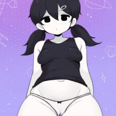 omori, omori (character), clarevoir, black hair, blush lines, cameltoe, emotionless, female, midriff, navel, nipple bulge, panties, small breasts, tank top, thick thighs