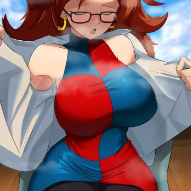 dragon ball, android 21, android 21 (human), krillin, sol-sama d2, 1girls, big breasts, blush, breasts, brown hair, closed eyes, clothing, ear piercing, earrings, eyewear