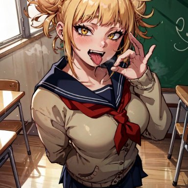 my hero academia, himiko toga, vertiloart, 1girls, classroom, fangs, fellatio gesuter, indoors, ok sign, saliva, schoolgirl, solo, standing, teeth, tongue