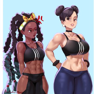 capcom, street fighter, street fighter 6, chun-li, kimberly jackson, aestheticc-meme, 2girls, breast envy, breasts, dark skin, dark-skinned female, female, hip vent, hips, large breasts