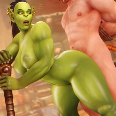 world of warcraft, noname55, blue eyes, bouncing breasts, breasts, ear piercing, earrings, facial hair, female, female orc, from behind, hands behind back, hands tied behind back, human, human penetrating