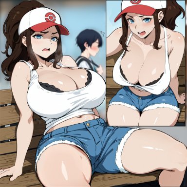 game freak, nintendo, pokemon, pokemon bw, hilda (pokemon), kisou, 1girls, aged up, blue eyes, booty shorts, breasts, brown hair, female, hat, huge breasts