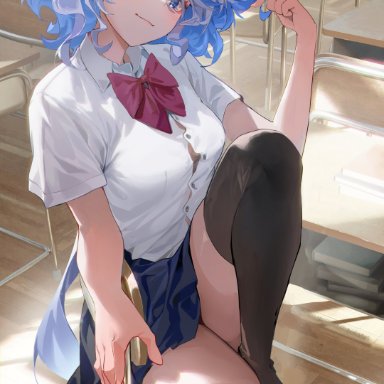 genshin impact, furina (genshin impact), 1girls, blue eyes, blue hair, blush, classroom, looking at viewer, school uniform, schoolgirl, sitting, skirt, smile, solo, thick thighs