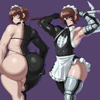 axred7, ambush (trap), armor, ass, balls, battle maid, big ass, black body, femboy, halberd, half body, heterochromia, maid, maid headdress, maid uniform