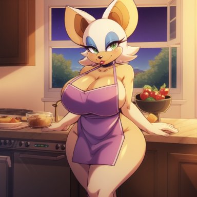 sonic (series), sonic the hedgehog (series), rouge the bat, stable diffusion, anthro, apron, apron only, bat, big breasts, breasts, cheek tuft, chiropteran, cleavage, forest, furry