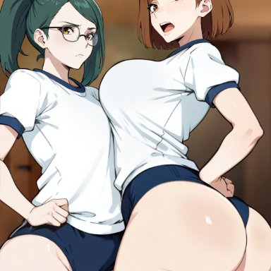 jujutsu kaisen, kugisaki nobara, zenin maki, kisou, 2girls, ass, bloomers, breasts, brown hair, dat ass, female, green hair, gym clothes, gym uniform, hips