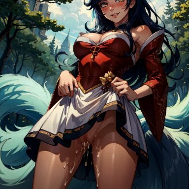 league of legends, ahri, vertiloart, 1girls, cum, cum in pussy, pussy, solo, standing, upskirt, ai generated, tagme