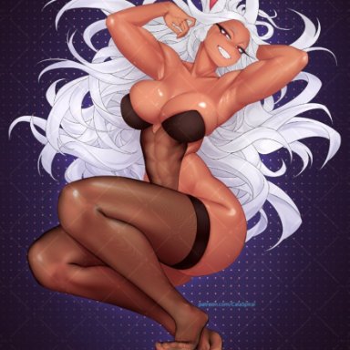 boku no hero academia, my hero academia, miruko, rumi usagiyama, calad g, :d, 1girls, animal ears, arm behind head, armpits, arms up, bare arms, bare shoulders, barefoot, breasts