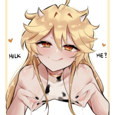 genshin impact, aether (genshin impact), btms666, amber eyes, blonde hair, cow horns, cow print, femboy, lactation, long hair, male, male lactation, male only, nipples, solo male