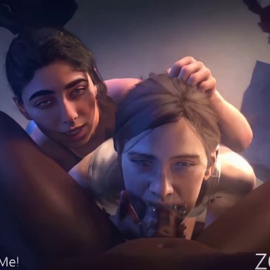 naughty dog, patreon, the last of us, the last of us 2, dina (the last of us), ellie (the last of us), zonkyster, 1boy, 2girls, after fellatio, arm around neck, arm behind head, arms behind head, assisted fellatio, bare legs