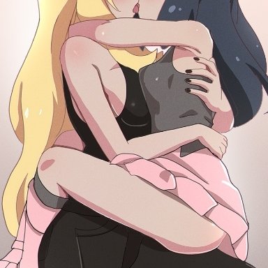 creatures (company), pokemon, pokemon (anime), pokemon (game), pokemon dppt, cynthia (pokemon), dawn (pokemon), aruman, 2girls, age difference, arms around neck, arms around waist, blonde hair, boots, breast press