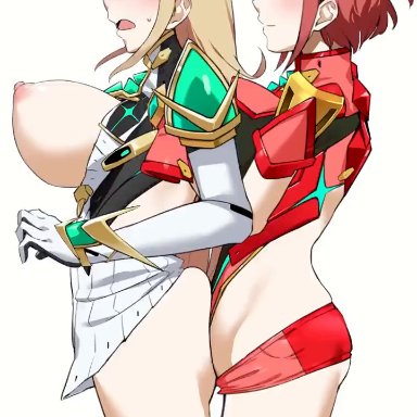 nintendo, xenoblade (series), xenoblade chronicles 2, hikari (xenoblade 2), homura (xenoblade 2), mythra, pyra, bakkanki, satoriwappa, 1futa, 1girls, ass, big breasts, blonde hair, booty