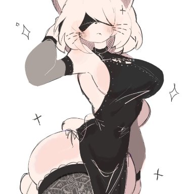 nier, nier (series), nier: automata, yorha 2b, usa37107692, blank background, blush, blush lines, blushed, blushing at viewer, cat ears, cat girl, cat humanoid, cat tail, catgirl