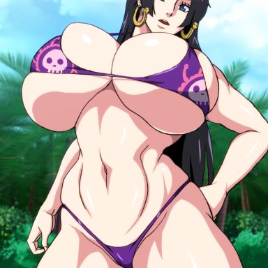 one piece, boa hancock, naruho, big breasts, bikini, black hair, earrings, female, female focus, female only, large breasts, long hair, looking at viewer, purple bikini, voluptuous