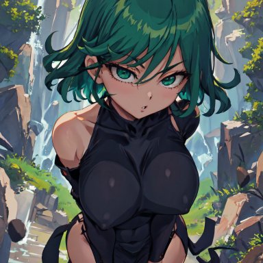 one-punch man, tatsumaki, mabi ai, 1girls, bare shoulders, big breasts, close-up, collarbone, curly hair, from above, green eyes, green hair, huge breasts, large breasts, nipple bulge