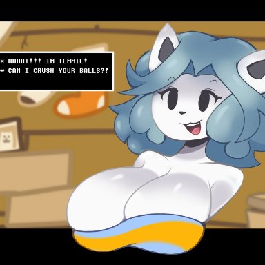 undertale, undertale (series), temmie (undertale), letherisreal, anthro, big breasts, breasts, cleavage, clothed, clothing, crop top, female, grey hair, hair, open mouth