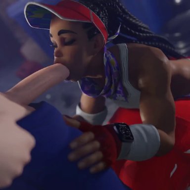 capcom, street fighter, street fighter 6, kimberly jackson, rougenine, 1boy, 1girls, athletic female, big penis, black body, black hair, blowjob, cap, dark-skinned female, figher