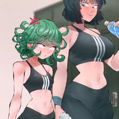 one-punch man, fubuki (one-punch man), tatsumaki, flytrapxx, 2girls, anger vein, bare shoulders, belly, big breasts, blush, breast size difference, breasts, embarrassed, female, female only