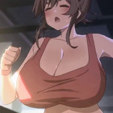 insomnia-chan (kaynimatic), kaynimatic, bouncing breasts, brown hair, cleavage, closed eyes, curvy, female, gigantic breasts, gym, huge breasts, open mouth, running, sweat, sweatdrop