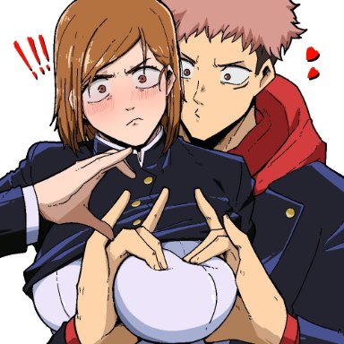 jujutsu kaisen, itadori yuuji, kugisaki nobara, mark gavatino, !!!, 1boy, 1girls, angry, angry expression, bangs, big breasts, blush, blush stickers, bra, breast grab