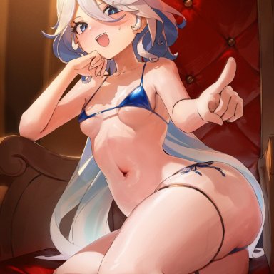 genshin impact, furina (genshin impact), chochomi, bare thighs, bikini, blue eyes, blush, breasts, looking at viewer, micro bikini, petite, sitting, small breasts, smug, thick thighs