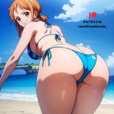 one piece, nami, lewdcreationsai, 1girls, beach, bent over, big breasts, breasts, brown eyes, busty, curvy, female, female only, ginger hair, huge breasts