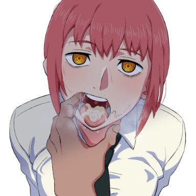 chainsaw man, makima (chainsaw man), mantan, black tie, eyebrows visible through hair, looking at viewer, open mouth, red eyebrows, red hair, semen, semen in mouth, simple background, tongue, tongue out, white background