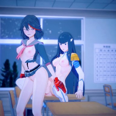 kill la kill, koikatsu, kiryuuin satsuki, matoi ryuuko, miscsfmporn, 1futa, 1girl, black hair, classroom, clothed sex, futa on female, futanari, gloves, incest, night