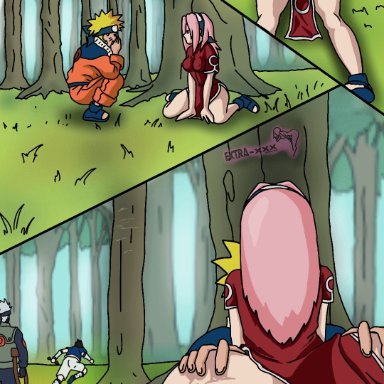 naruto, naruto (classic), naruto (series), hatake kakashi, sakura haruno, sasuke uchiha, uzumaki naruto, extraxxxanimacion, 1girls, 3boys, against tree, anus, ass, big ass, black hair