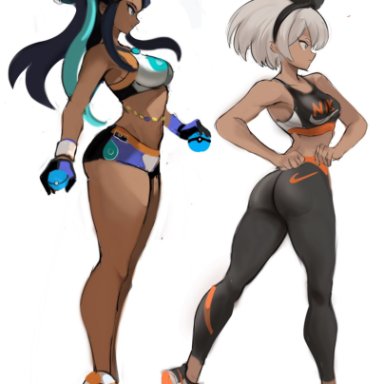 nintendo, pokemon, pokemon ss, bea (pokemon), nessa (pokemon), rakeemspoon, 2girls, ass, black hair, blue eyes, breasts, brown skin, dark skin, dark-skinned female, female