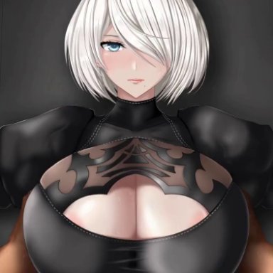 nier, nier: automata, yorha 2b, juno (artist), 1boy, 1girls, alternate breast size, android, android girl, blindfold, breasts, cleavage, cleavage cutout, clothed, clothed female