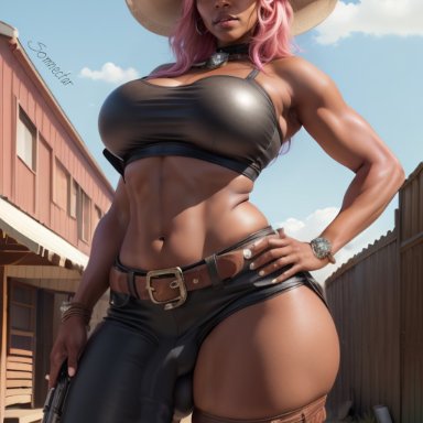 somnectar, 1futa, abs, balls, bulge, clothed, cowboy hat, cowgirl, curvy, dark skin, flaccid, flaccid penis, futa only, futanari, hand on hip