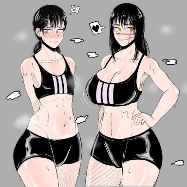 chainsaw man, mitaka asa, yoru (chainsaw man), stahmist, 2girls, ass, big breasts, black hair, blush, female, female only, fit female, gym clothes, multiple girls, scar