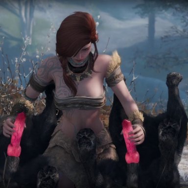 bethesda softworks, skyrim, hamsterzz, 1girls, 2animals, 2boys, anal, canine penis, double handjob, double penetration, fellatio, female on feral, handjob, handjob while sucking, interspecies