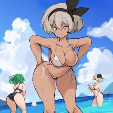 game freak, nintendo, one-punch man, original, pokemon, pokemon ss, bea (pokemon), original character, susan (rakeemspoon), tatsumaki, rakeemspoon, 3girls, bikini, breasts, brown skin