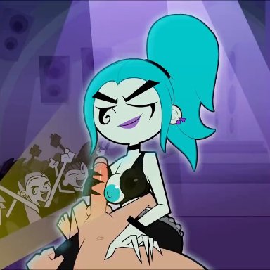 1boy, animated, blue hair, breasts, cum, danny phantom, ember mclain, female, fire hair, ghost girl, green eyes, handjob, lipstick, looking at viewer, male pov