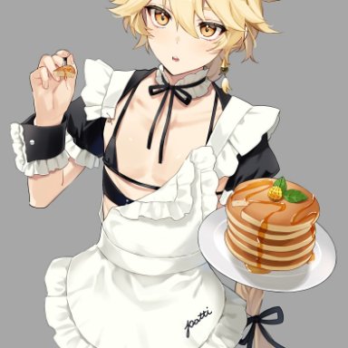 genshin impact, aether (genshin impact), 1boy, apron, bikini top, blonde hair, crossdressing, dress, femboy, maid, maid headdress, maid uniform, male, otoko no ko, pancake