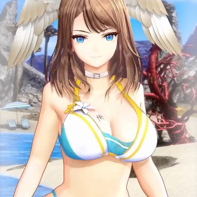 nintendo, xenoblade (series), xenoblade chronicles 3, eunie (xenoblade), blobcg, 1girls, bikini, blue eyes, bouncing breasts, breasts, brown hair, cleavage, female, head wings, huge breasts