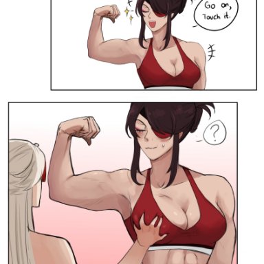 genshin impact, beidou (genshin impact), ningguang (genshin impact), abs, biceps, breast grab, breasts, eyepatch, female, female only, flexing, large breasts, muscular, muscular female, sports bra